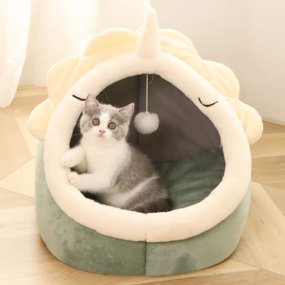 Dinosaur Pet House with Dangling Toy - Cozy Retreat for Cats & Small Dogs