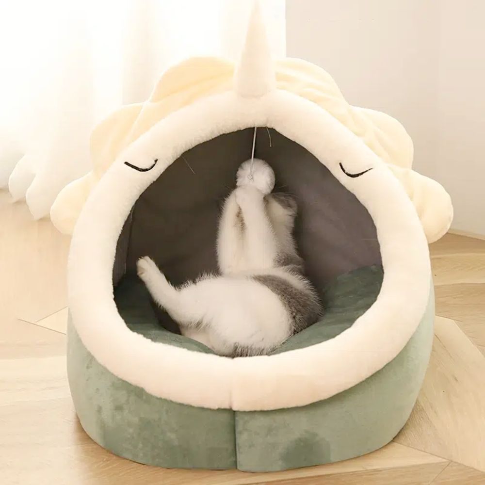 Dinosaur Pet House with Dangling Toy - Cozy Retreat for Cats & Small Dogs