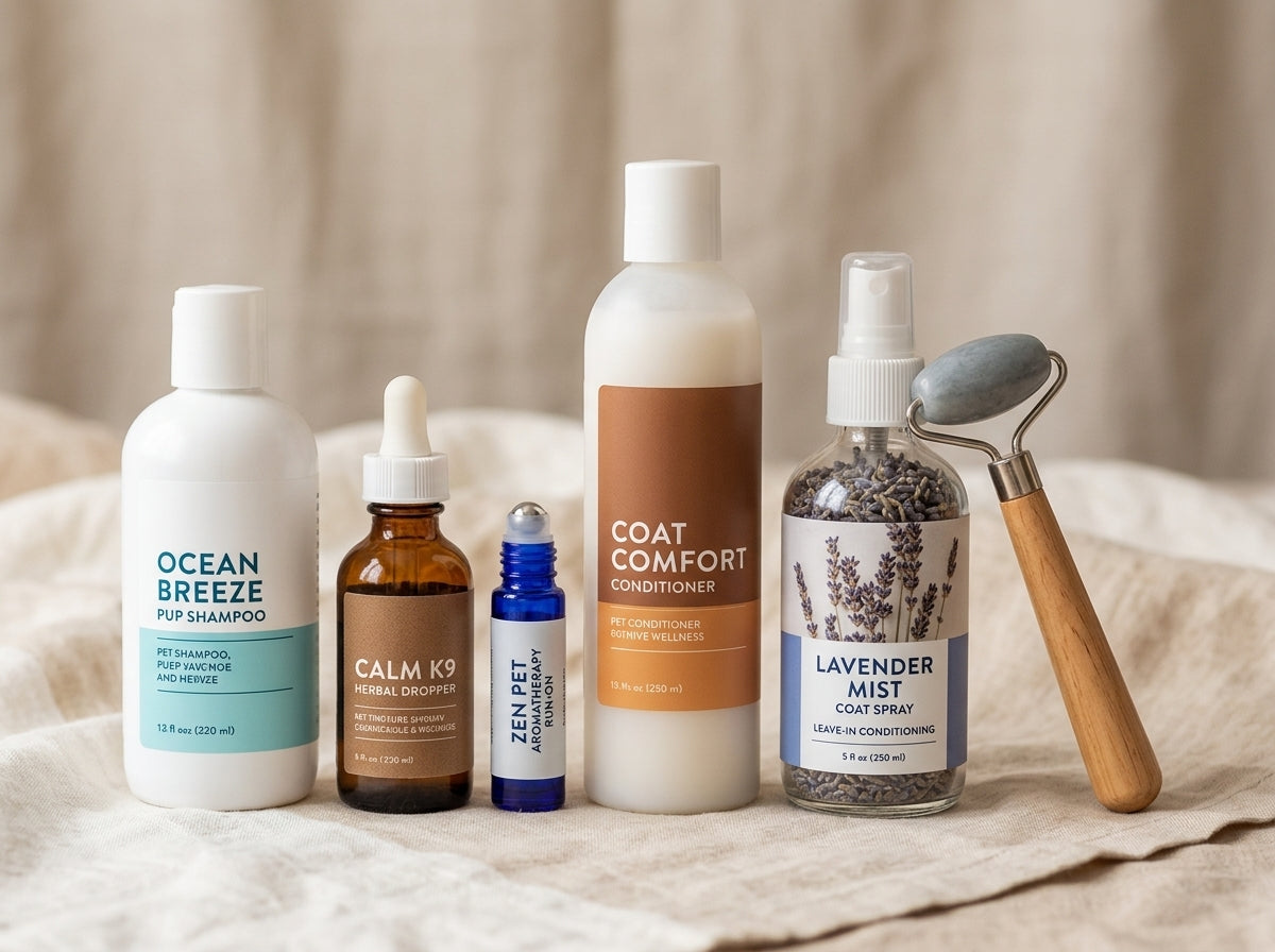 Pet shampoos, conditioners, essential oil roll-on, tincture, and massage tool - Grooming and Pet Care