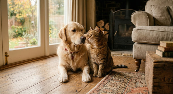 A dog and cat relaxing together peacefully on a cozy rug near a sunlit window