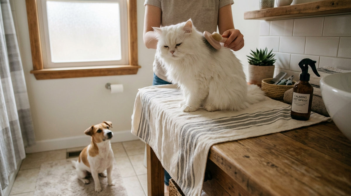 Calm cat being groomed with relaxed dog nearby