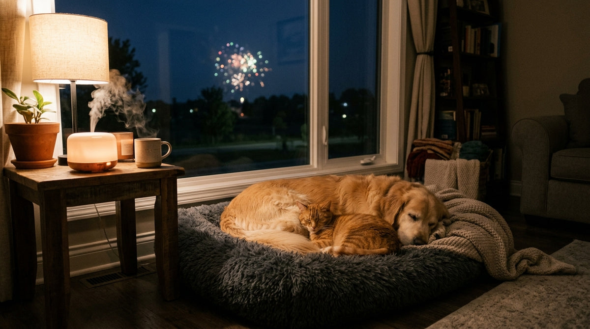 Calm dog and cat sleeping peacefully during fireworks