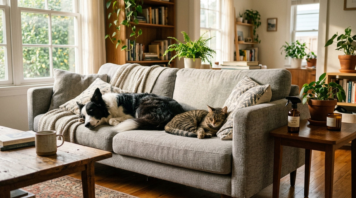 Relaxed dog and cat resting calmly on couch at home alone