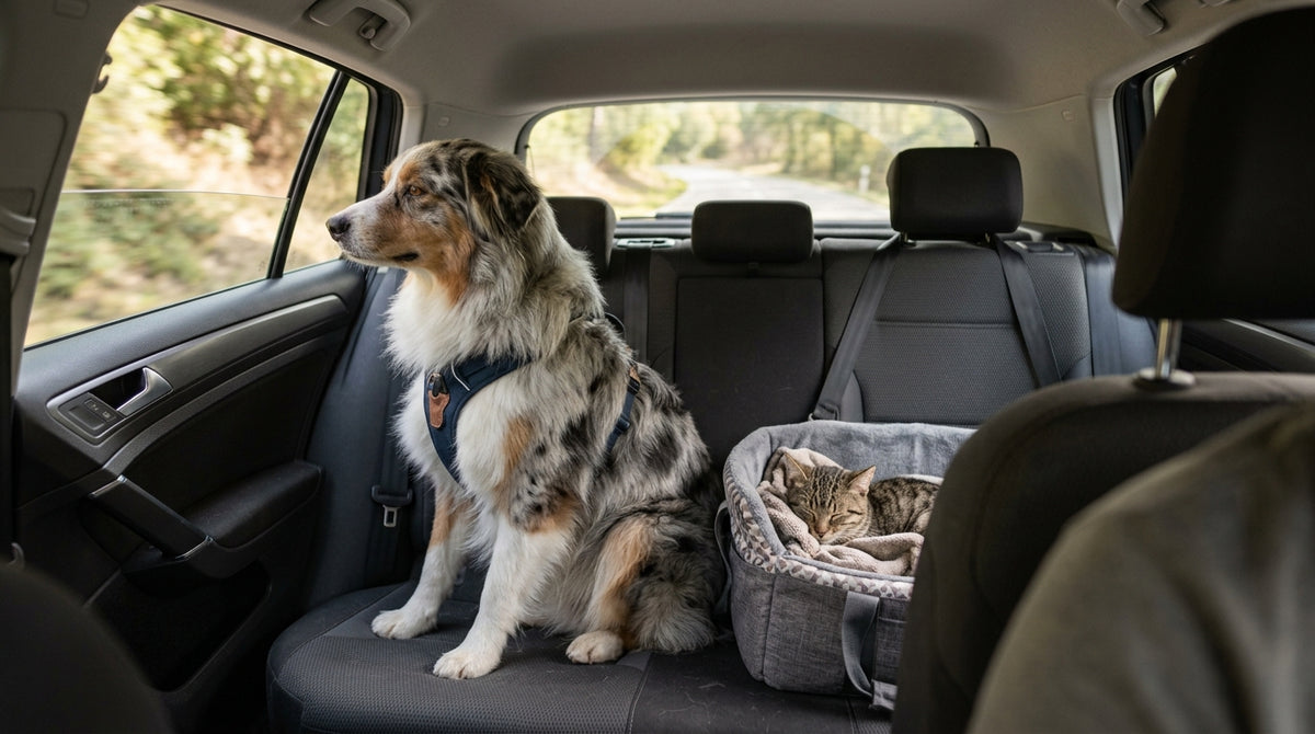 Calm dog and cat relaxing during car travel
